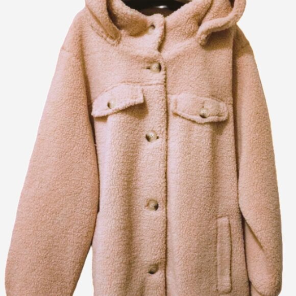 Koolaburra by UGG Shacket 1X Blush Faux Sherpa with Button Off Hood Poly. Lining - Picture 2 of 16